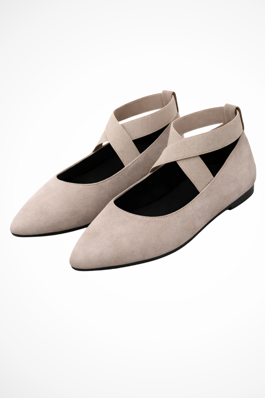 Women's beige pointed toe ballet flats ankle strap