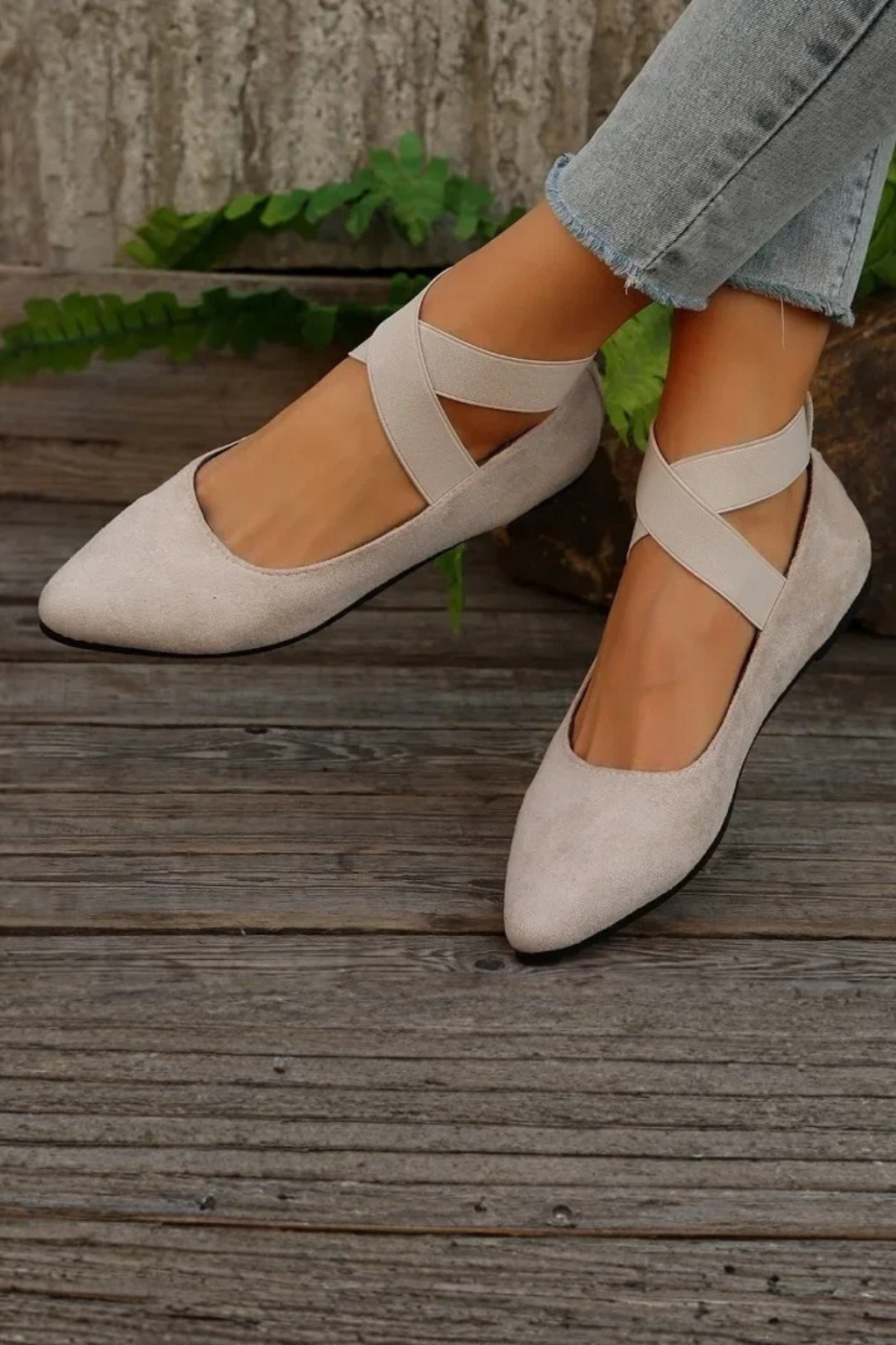 Women's beige pointed toe ballet flats ankle strap