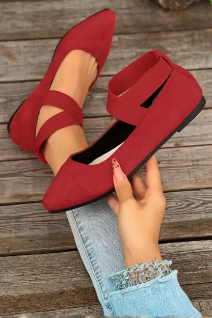 Women's beige pointed toe ballet flats ankle strap