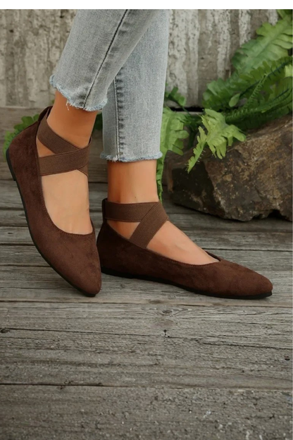 Women's beige pointed toe ballet flats ankle strap