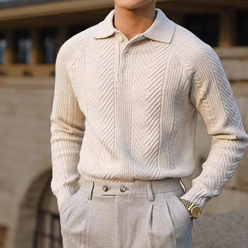 Men's beige cashmere polo collar sweater with chevron knit