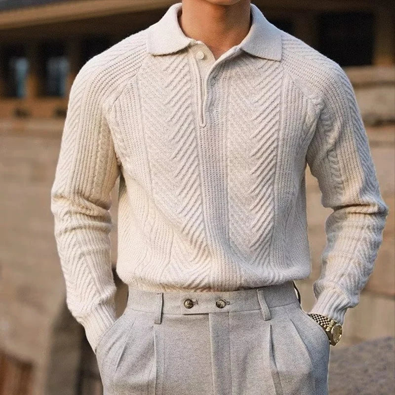 Men's cashmere polo collar sweater with chevron knit