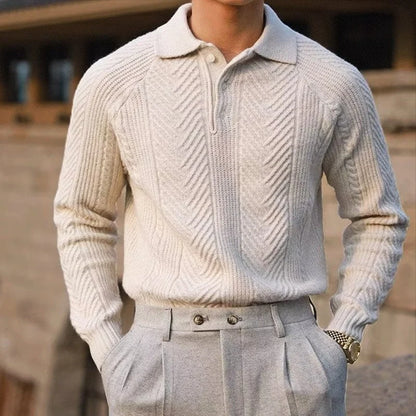Men's cashmere polo collar sweater with chevron knit