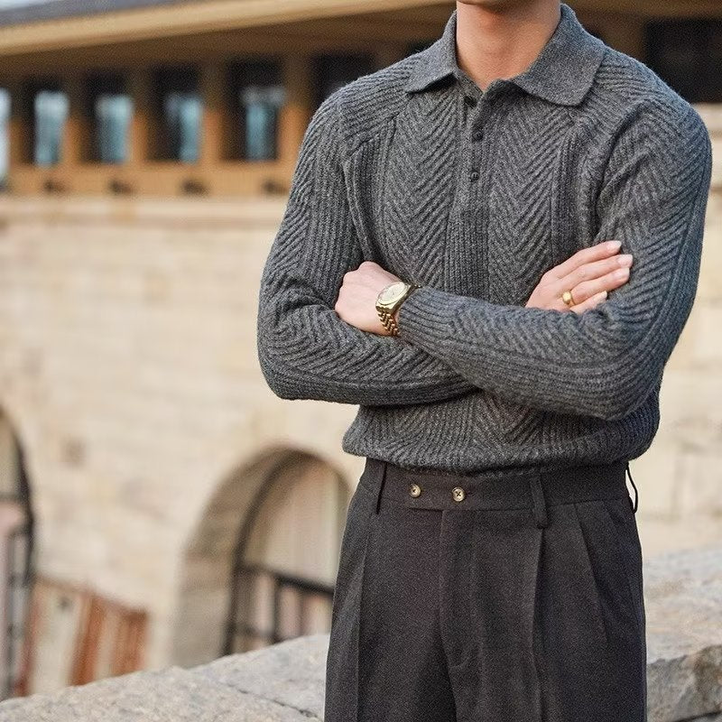 Men's gray cashmere polo collar sweater with chevron knit