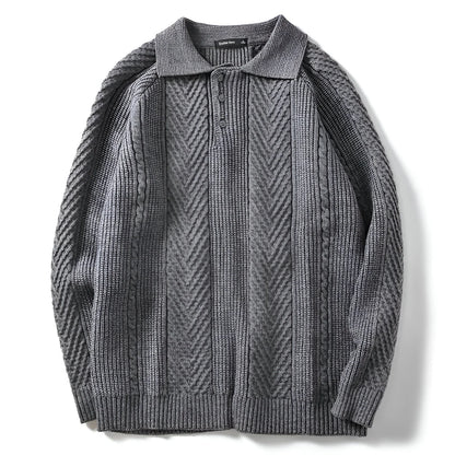 Men's cashmere polo collar sweater with chevron knit