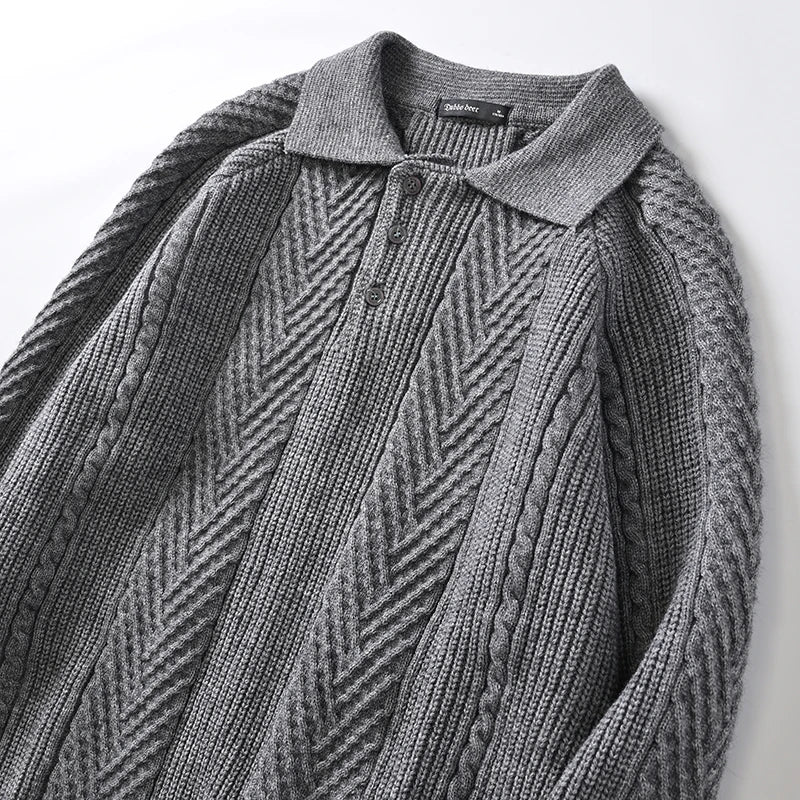 Men's cashmere polo collar sweater with chevron knit