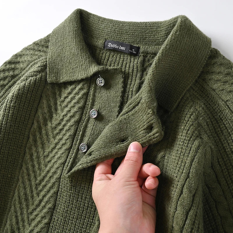 Men's navy green cashmere polo collar sweater with chevron knit