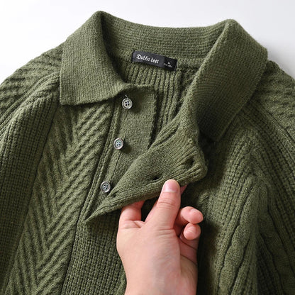 Men's navy green cashmere polo collar sweater with chevron knit