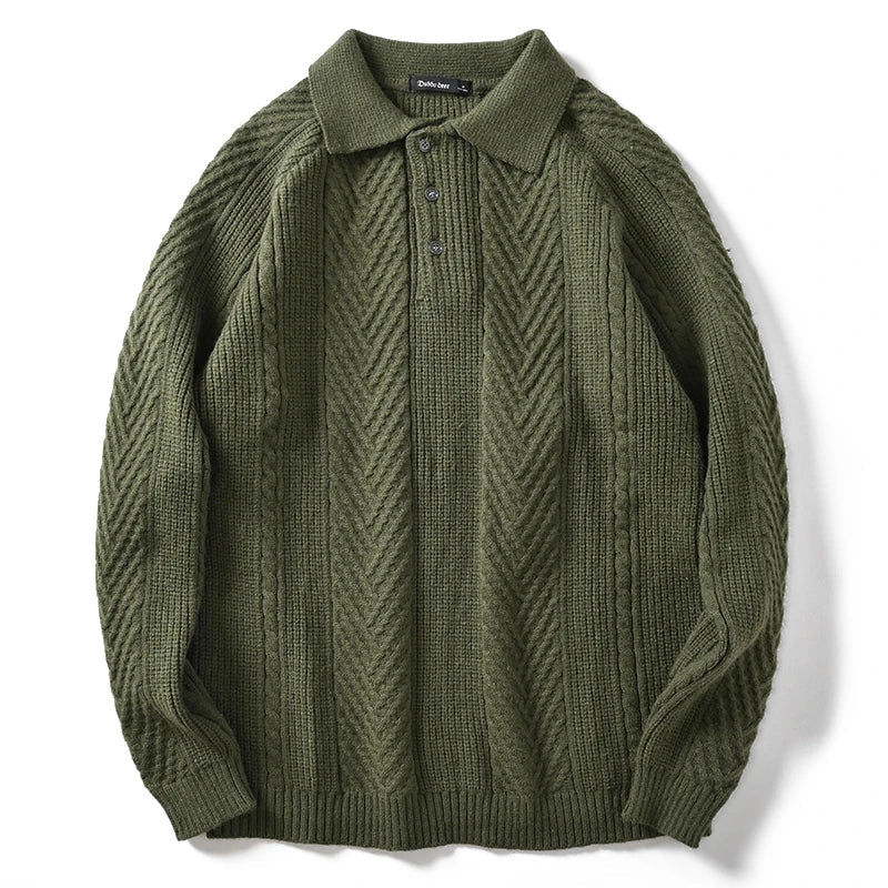 Men's cashmere polo collar sweater with chevron knit