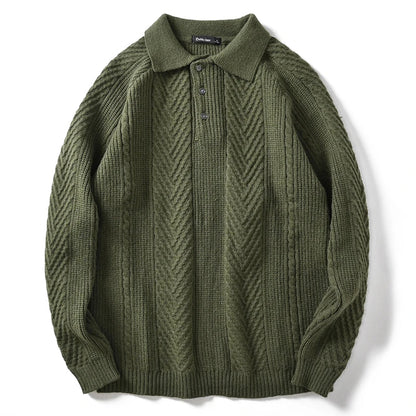 Men's cashmere polo collar sweater with chevron knit