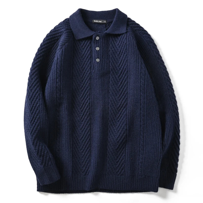Men's navy blue cashmere polo collar sweater with chevron knit