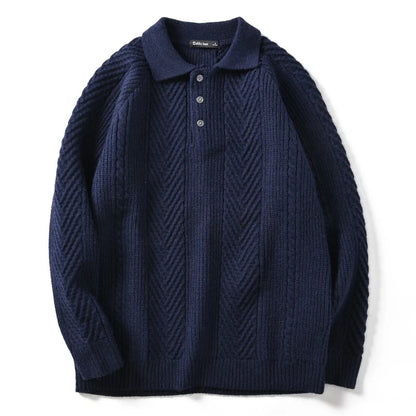 Men's navy blue cashmere polo collar sweater with chevron knit