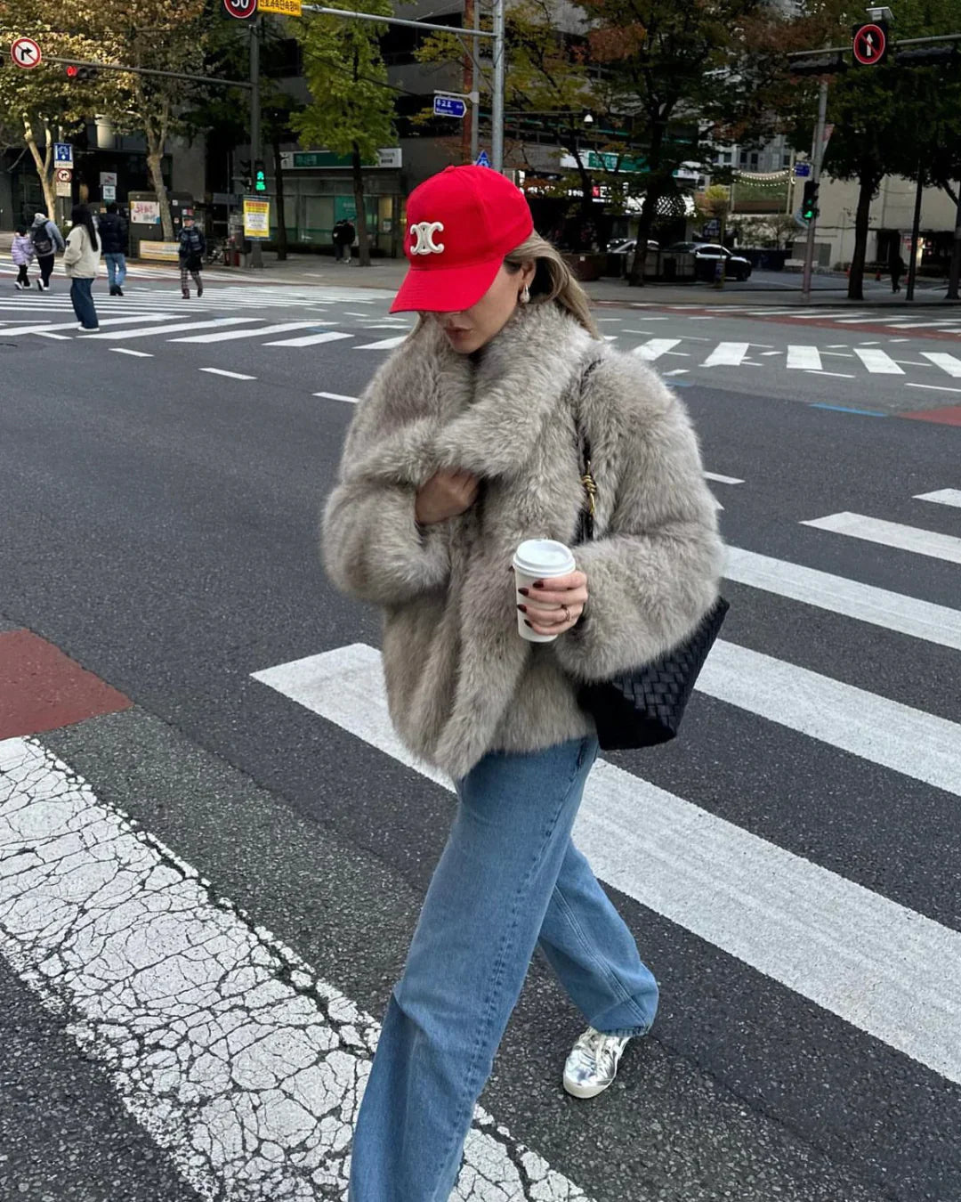 Oversized Wide-Lapel Faux Fur Coat with Hook-and-Eye Front