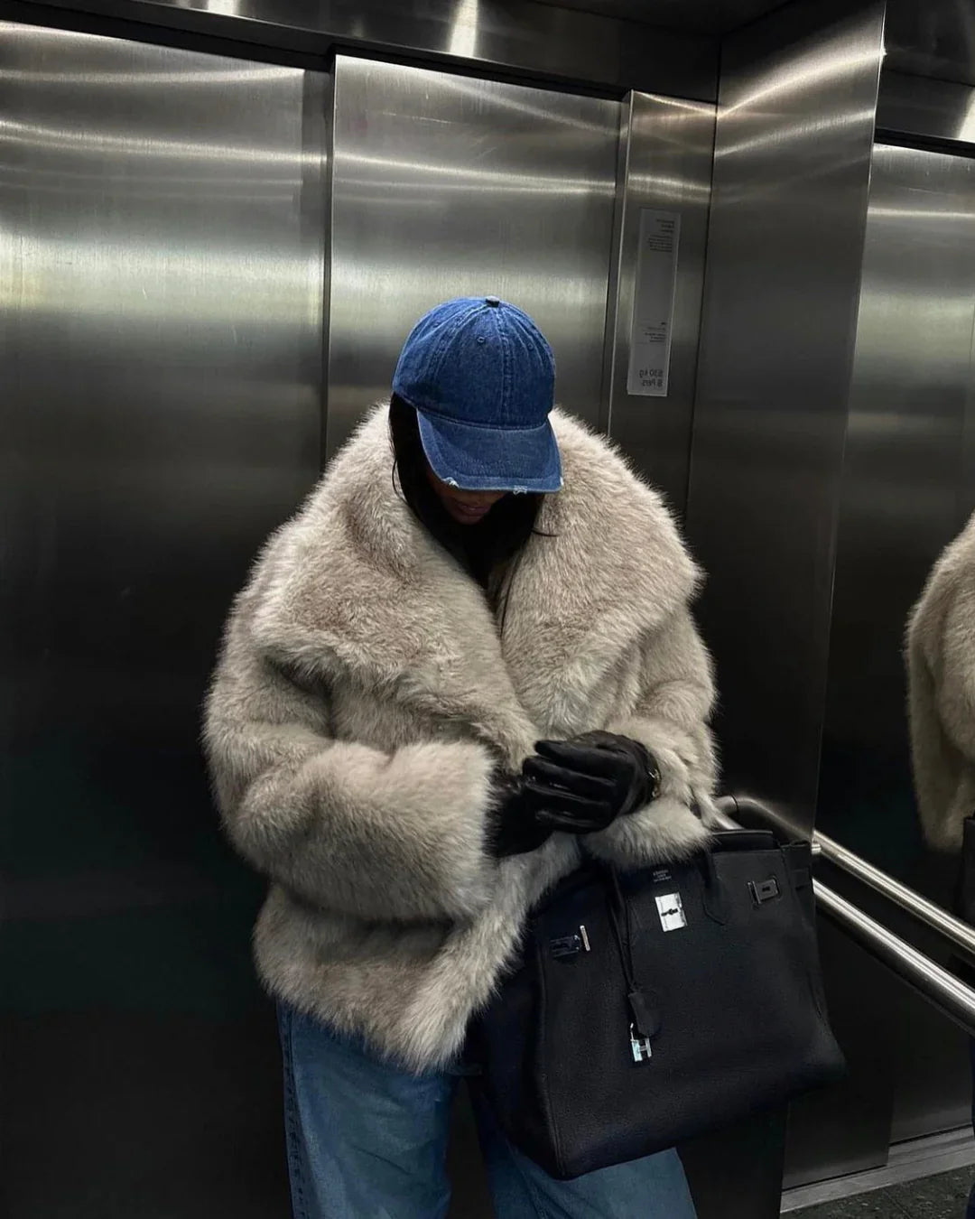 Oversized Wide-Lapel Faux Fur Coat with Hook-and-Eye Front – view 2