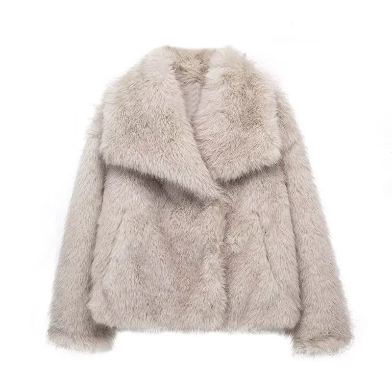 Oversized Wide-Lapel Faux Fur Coat with Hook-and-Eye Front – view 3