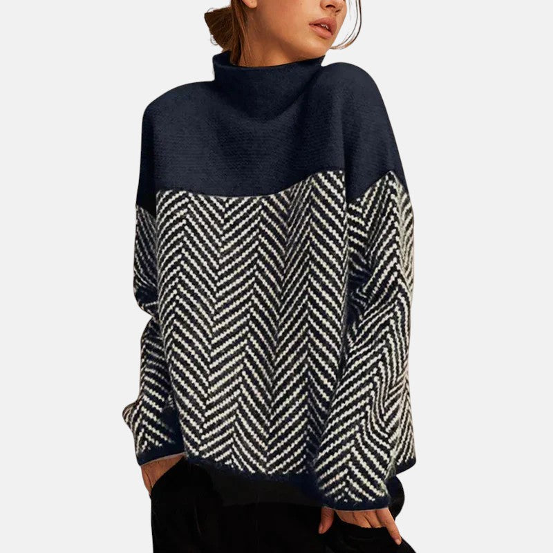 Women's herringbone knit sweater in navy blue
