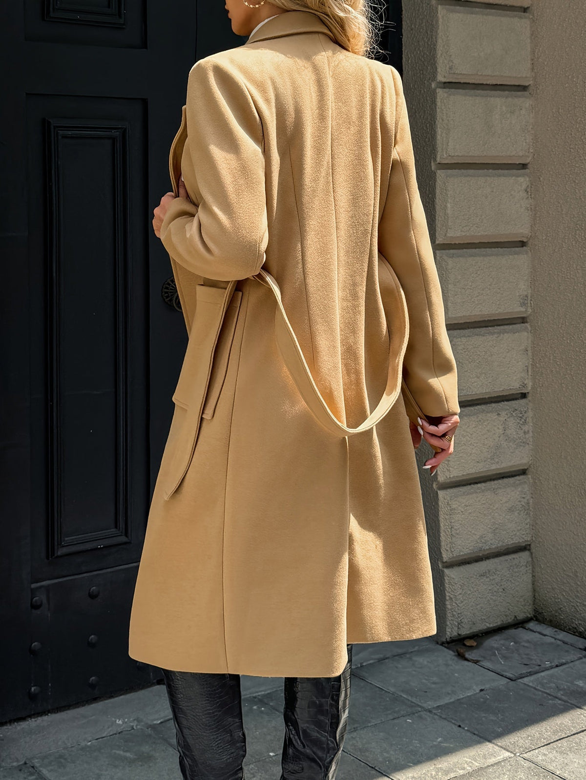 Belted Long Winter Coat with Front Pockets and Neat Lapel – view 2