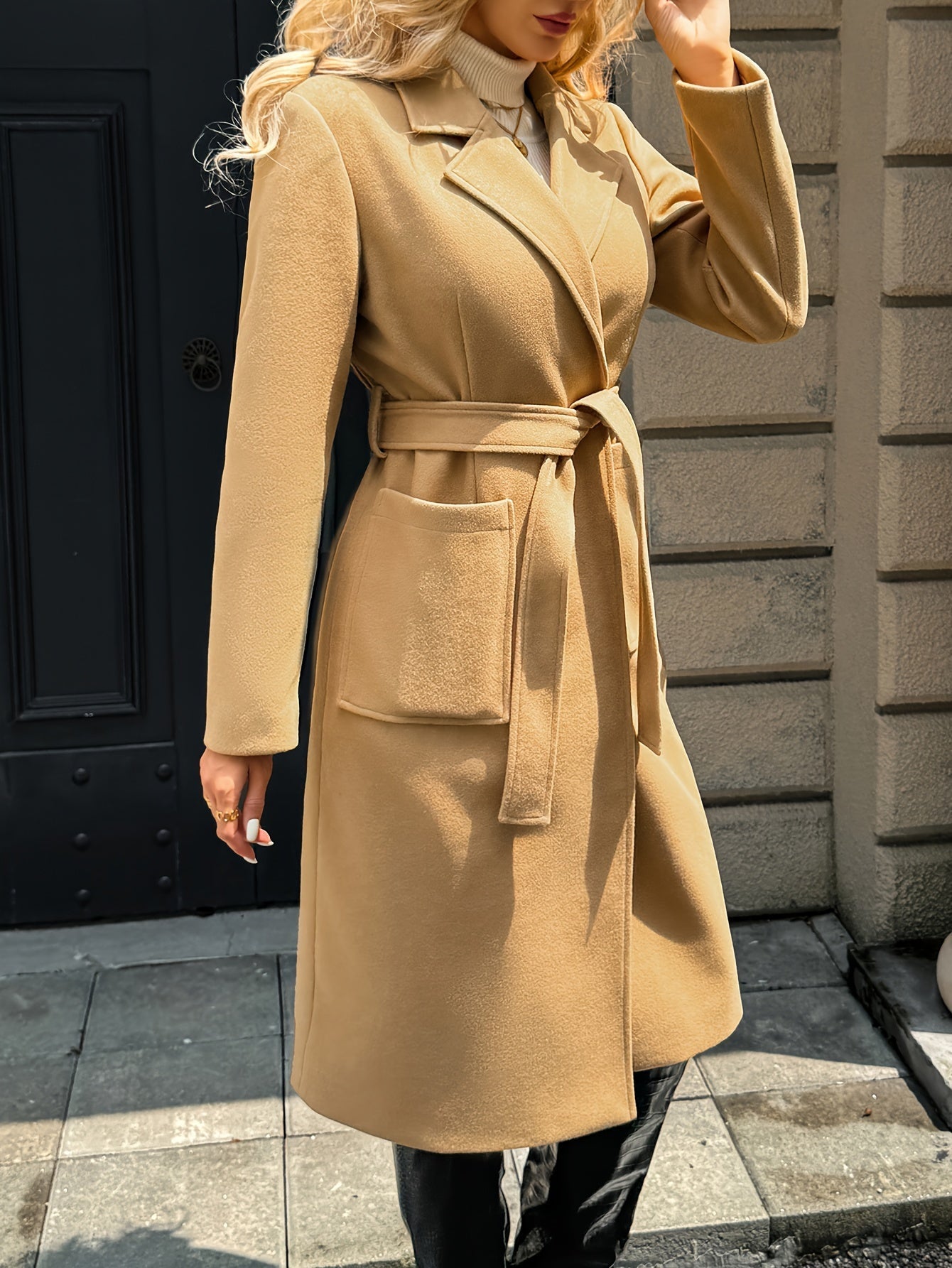Belted Long Winter Coat with Front Pockets and Neat Lapel – view 3