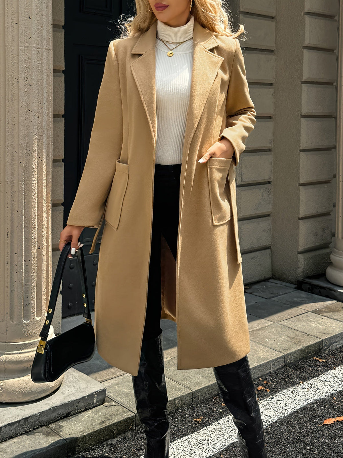 Belted Long Winter Coat with Front Pockets and Neat Lapel – view 4