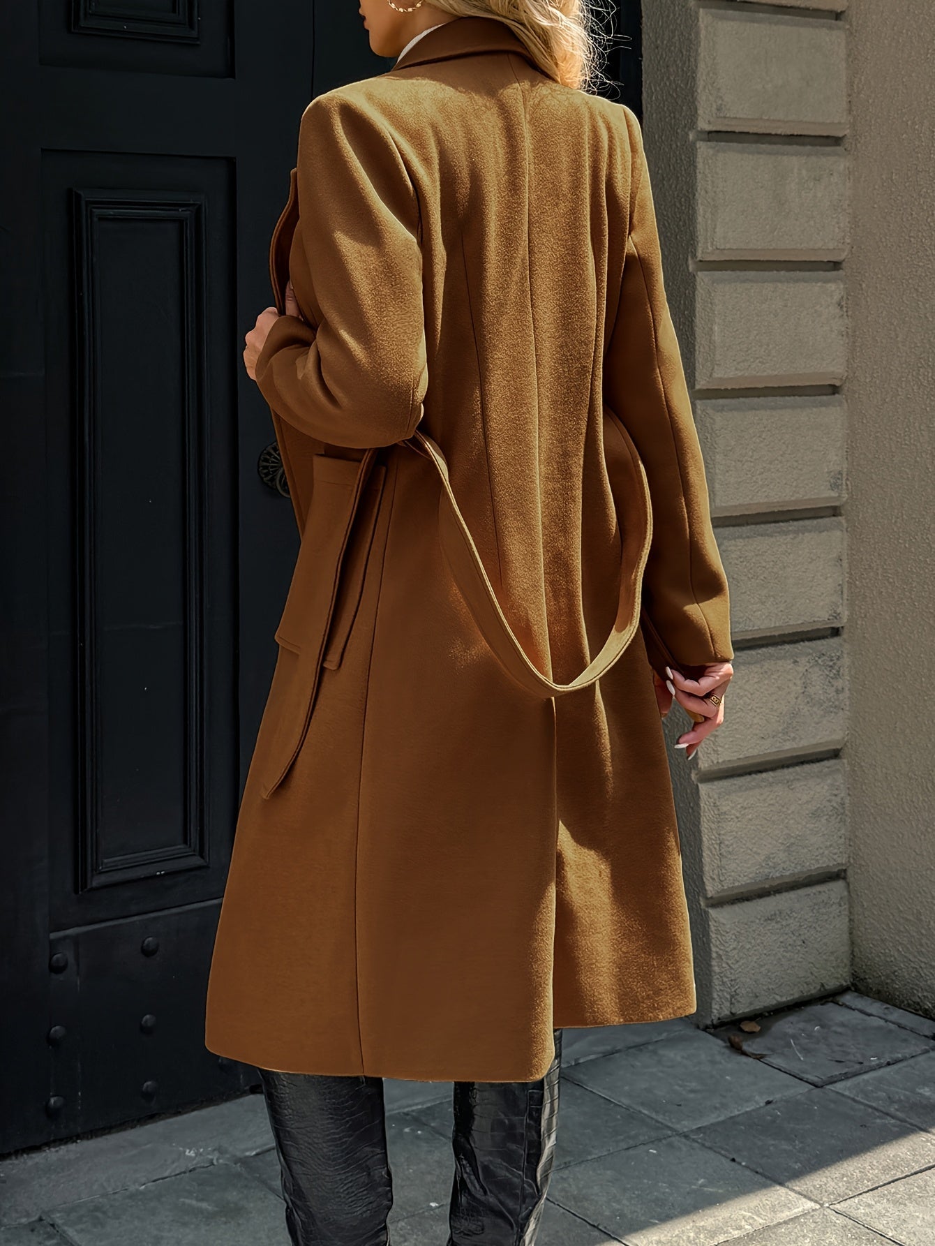 Belted Long Winter Coat with Front Pockets and Neat Lapel – view 7
