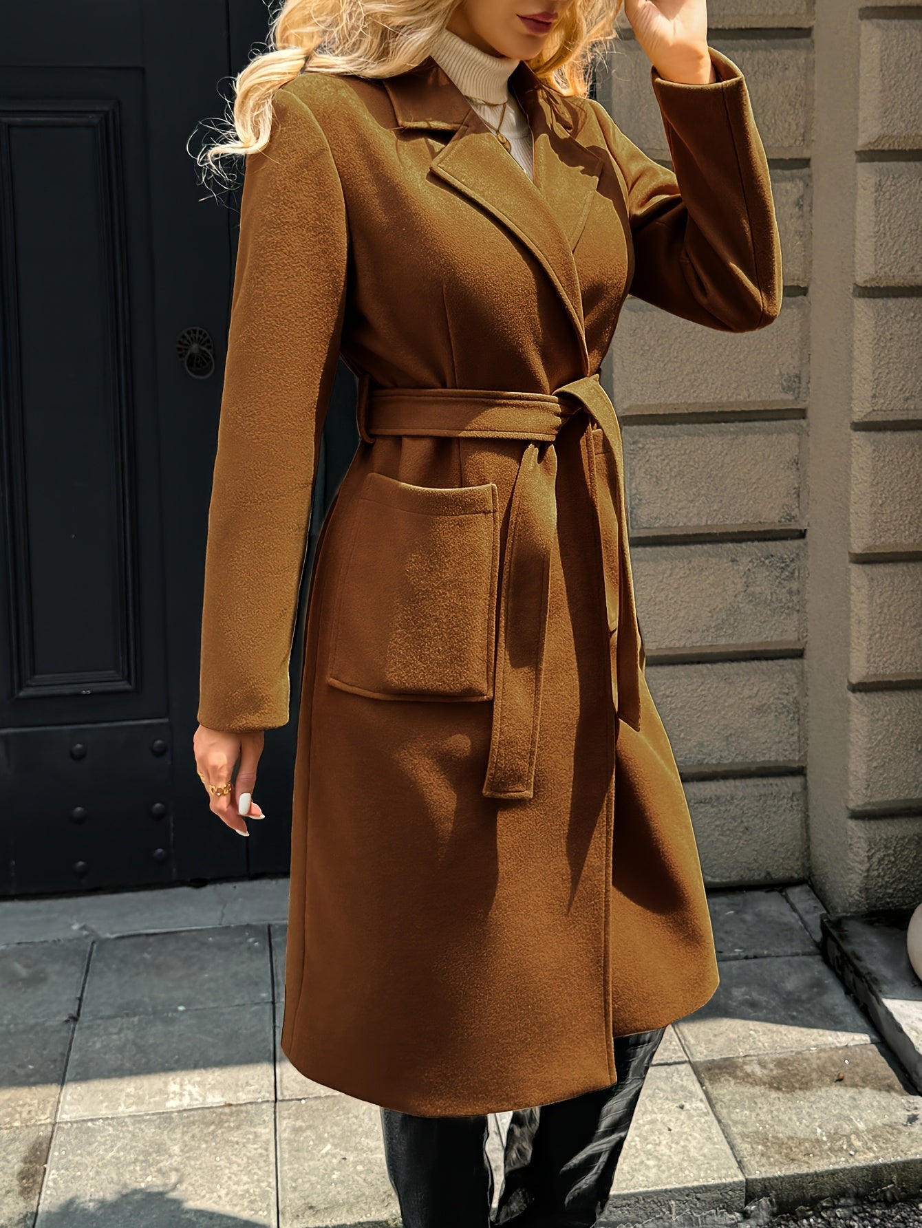 Belted Long Winter Coat with Front Pockets and Neat Lapel – view 8