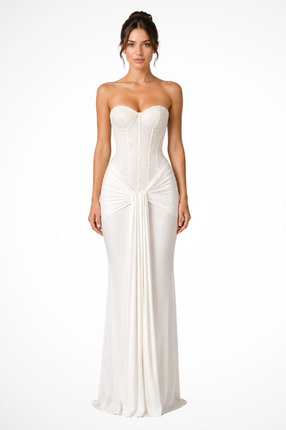 Women's burgundy lace corset strapless maxi wedding guest dress