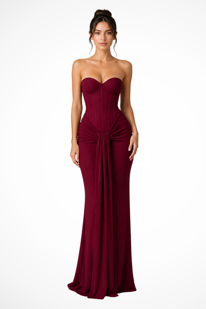 Women's brown lace corset strapless maxi wedding guest dress