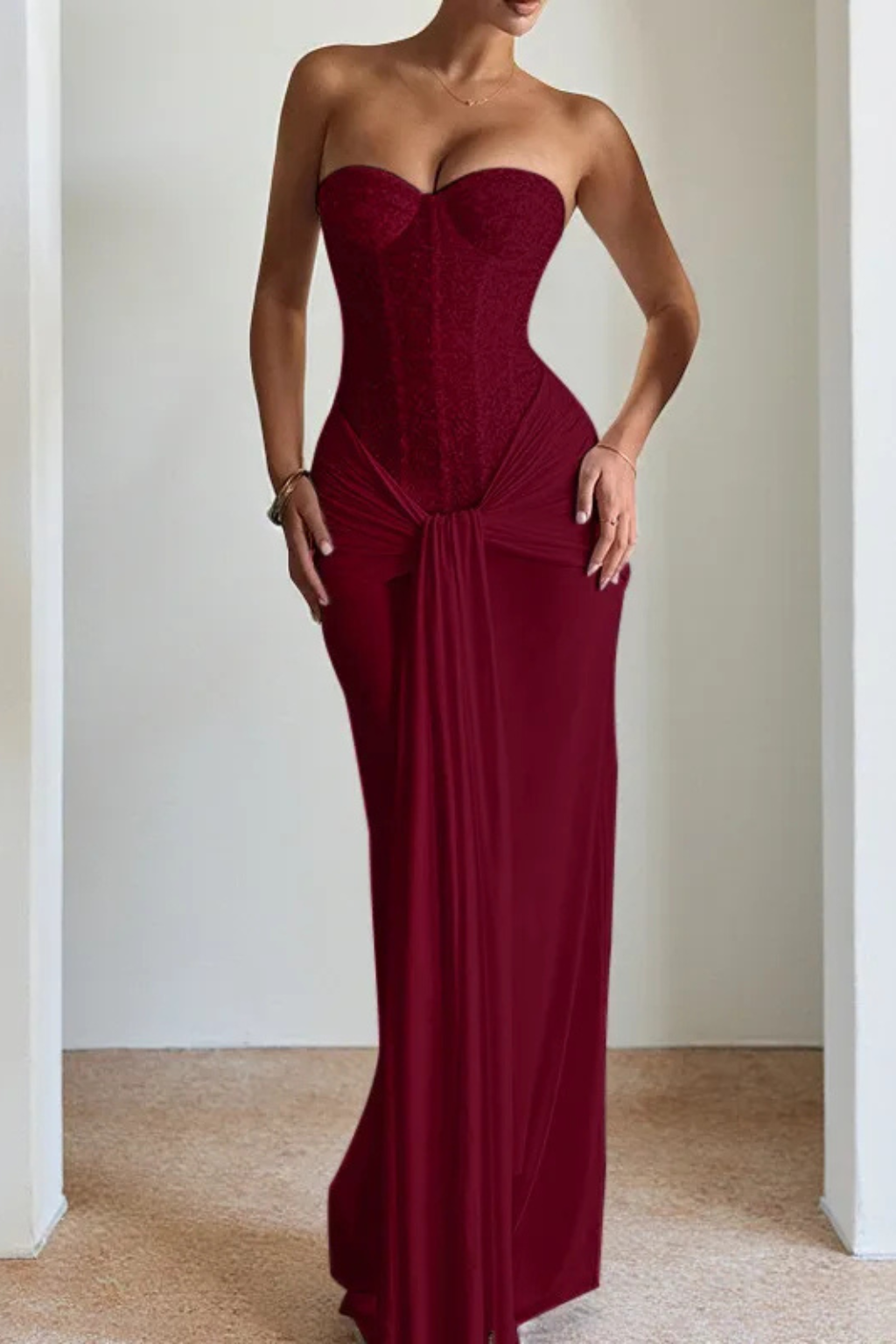 Women's black lace corset strapless maxi wedding guest dress