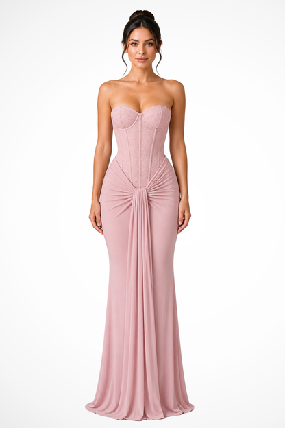 Women's burgundy lace corset strapless maxi wedding guest dress