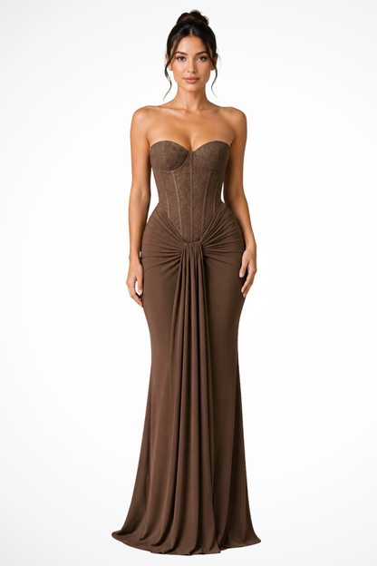 Women's navy blue lace corset strapless maxi wedding guest dress