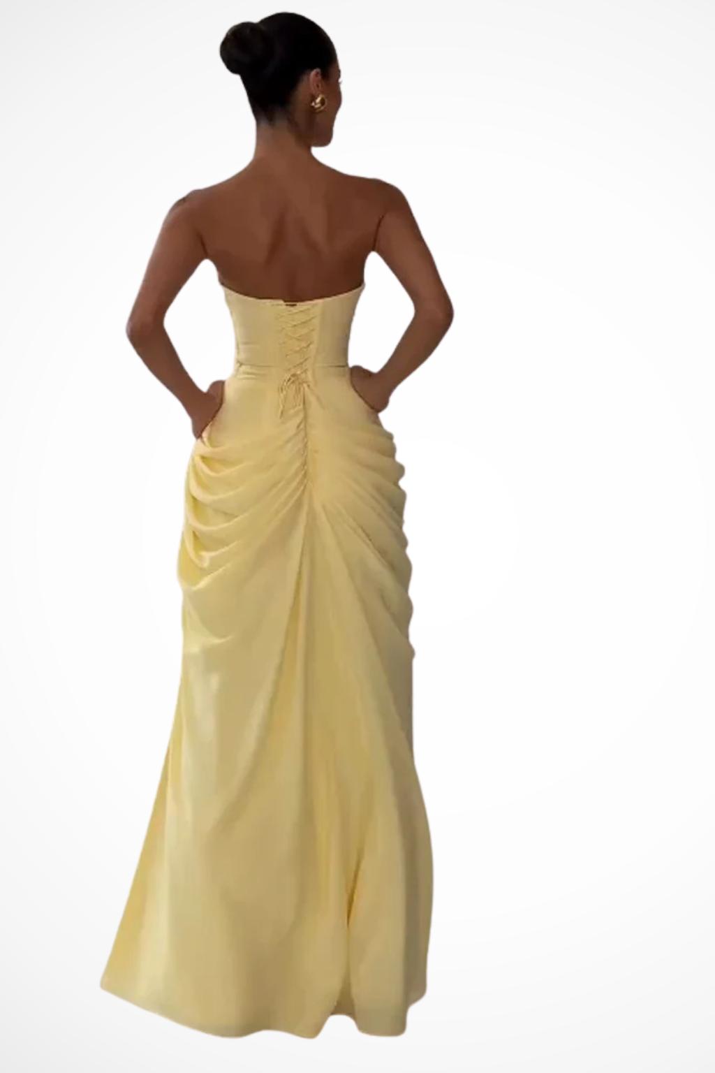 Women's dark blue strapless ruched slit maxi evening dress