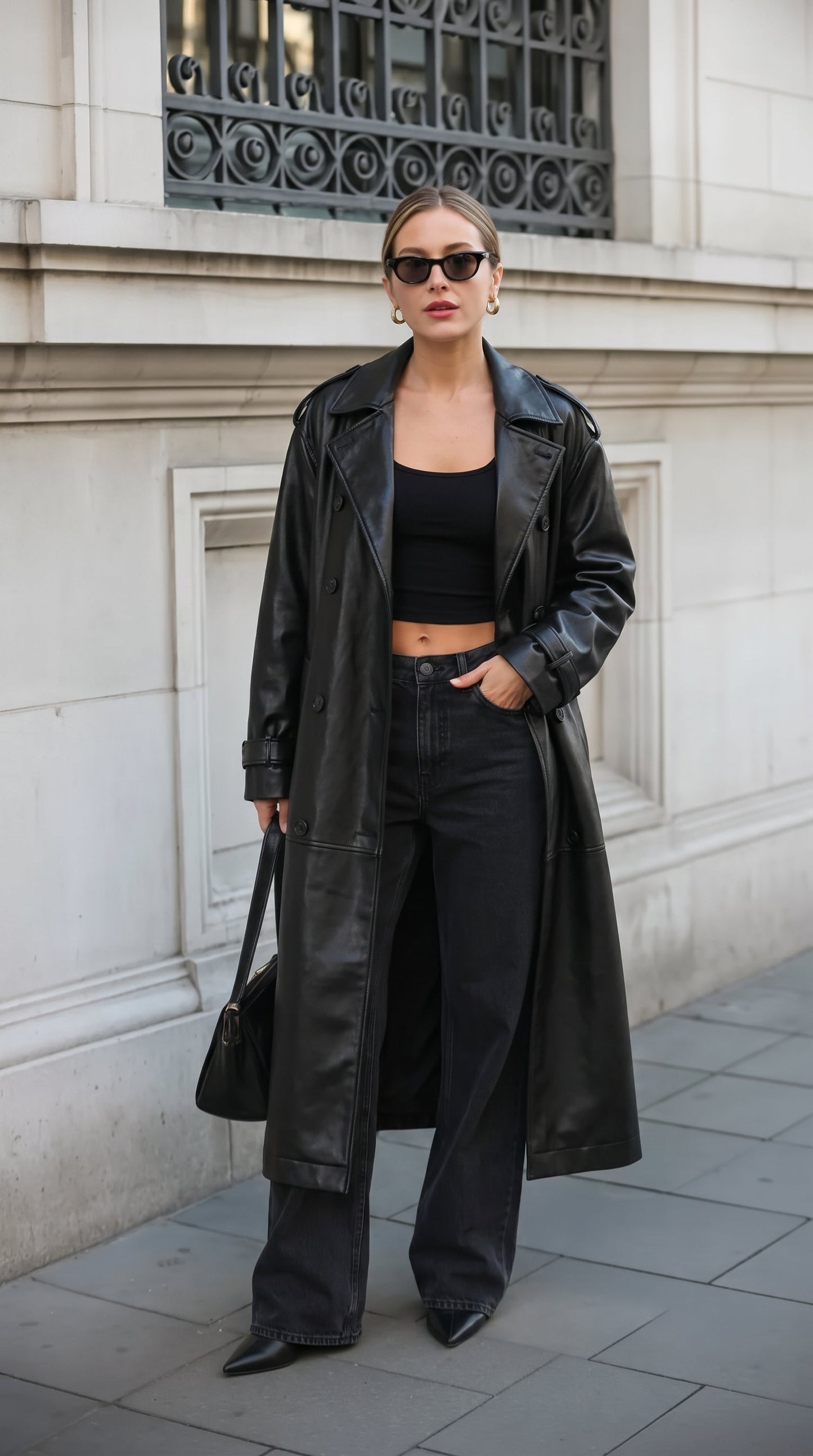 Black Double-Breasted Trench Coat with Detachable Belt – view 3
