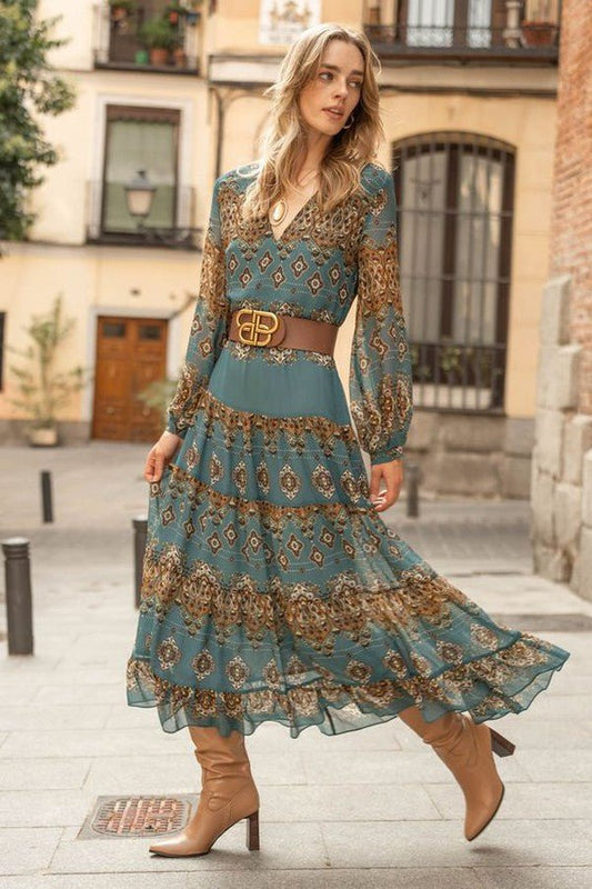 Women's boho medallion print midi dress with puff sleeves and tiered skirt