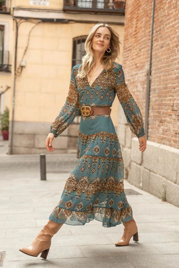 Women's boho medallion print midi dress with puff sleeves and tiered skirt