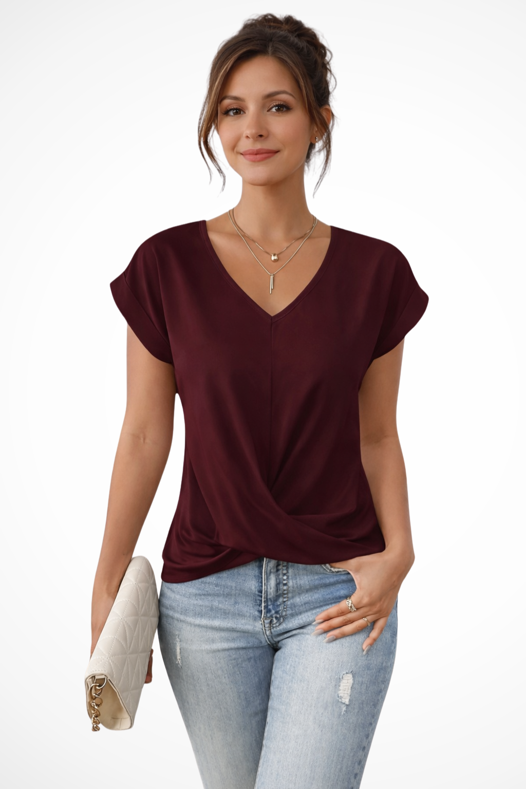 Women's burgundy red v-neck twist hem short sleeve going out top