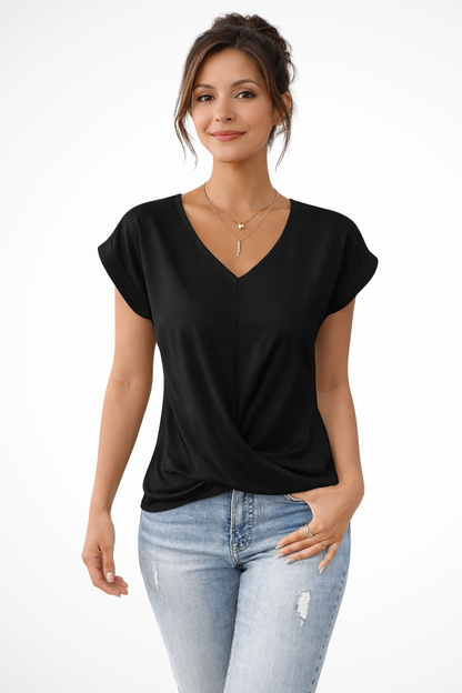 Women's burgundy red v-neck twist hem short sleeve going out top