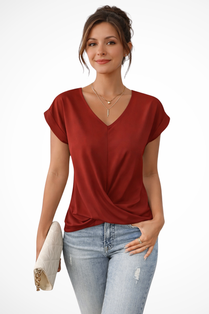 Women's pink v-neck twist hem short sleeve going out top