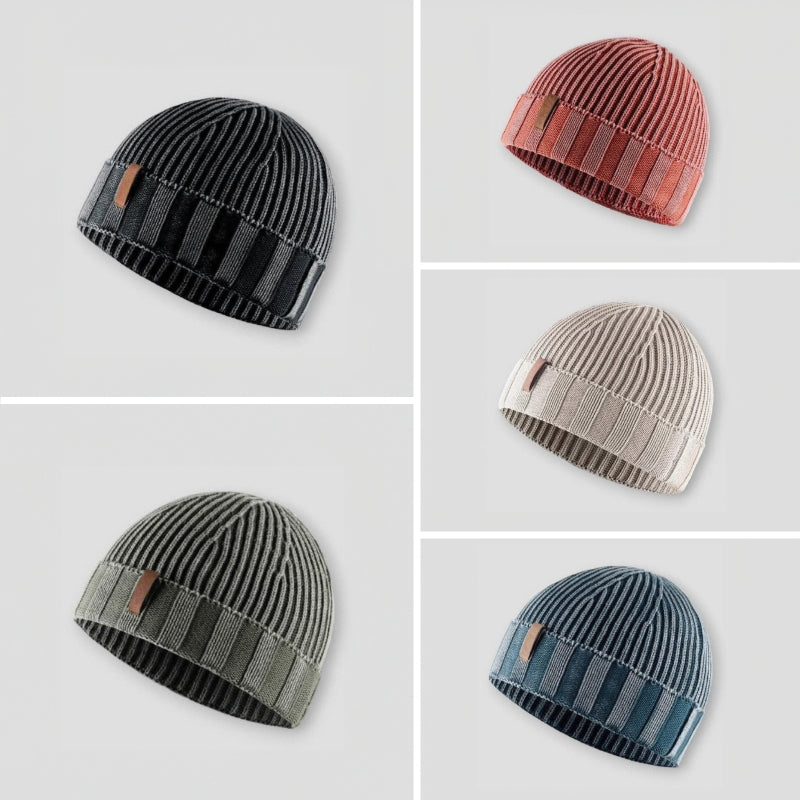 Knit beanie hat with vintage inspired distressed finish