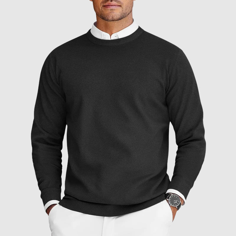 Men's black crew neck sweater in lightweight soft knit