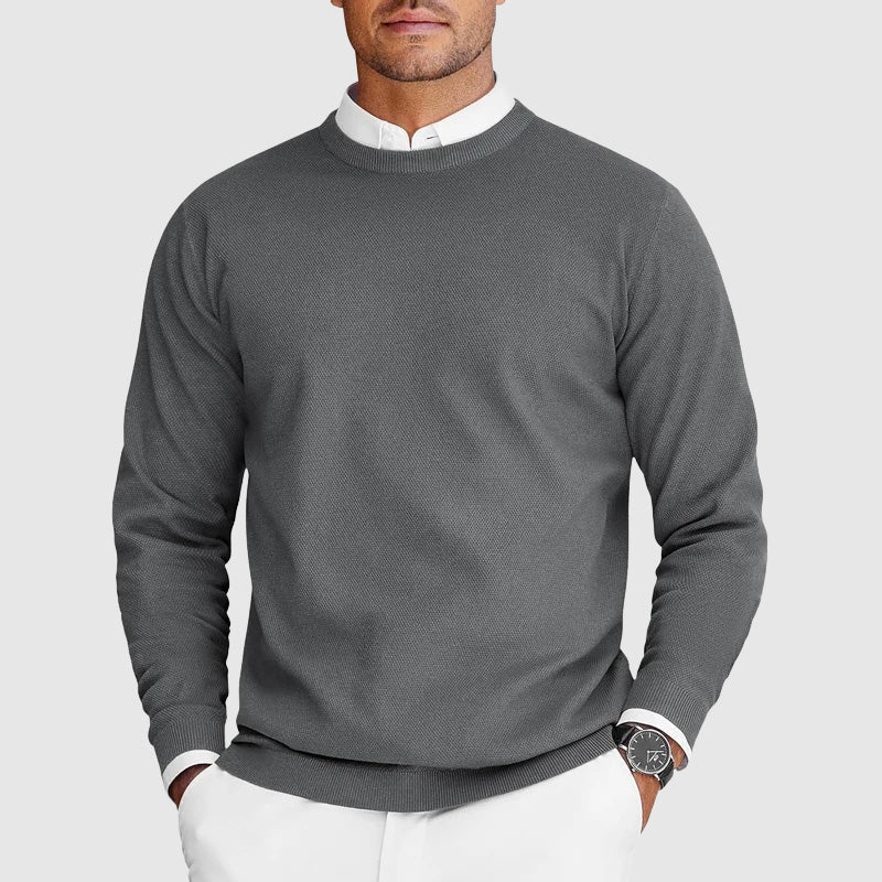 Men's black crew neck sweater in lightweight soft knit