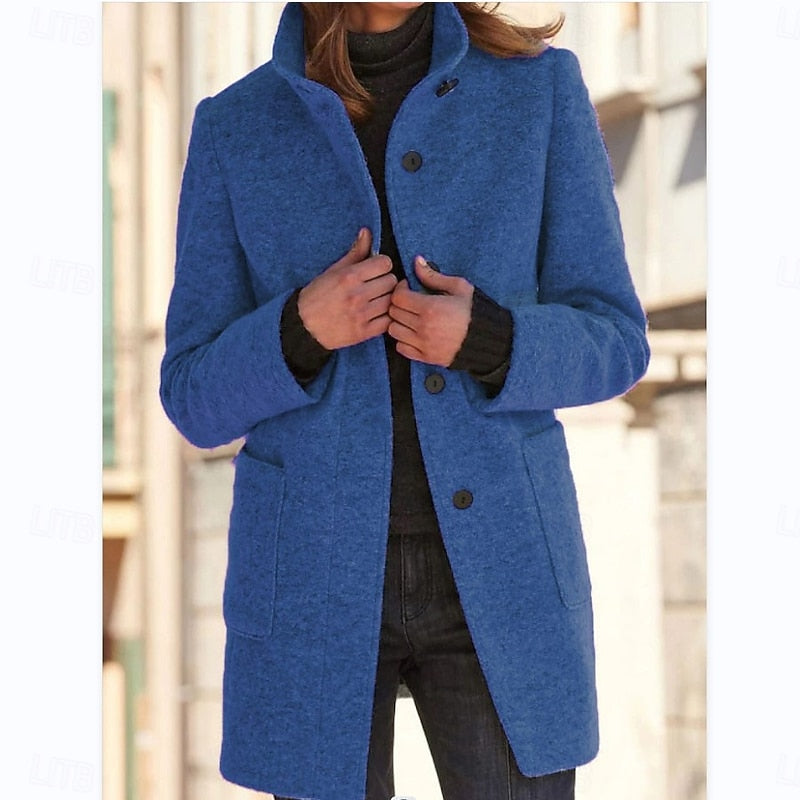 Blue Stand-Collar Tailored Winter Coat with Front Pockets