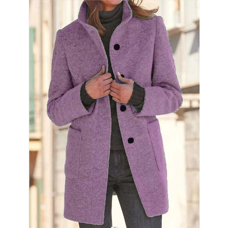 Light Purple Stand-Collar Tailored Winter Coat with Front Pockets
