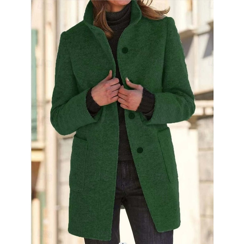 Dark Green Stand-Collar Tailored Winter Coat with Front Pockets