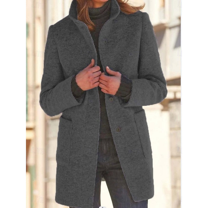 Black Stand-Collar Tailored Winter Coat with Front Pockets