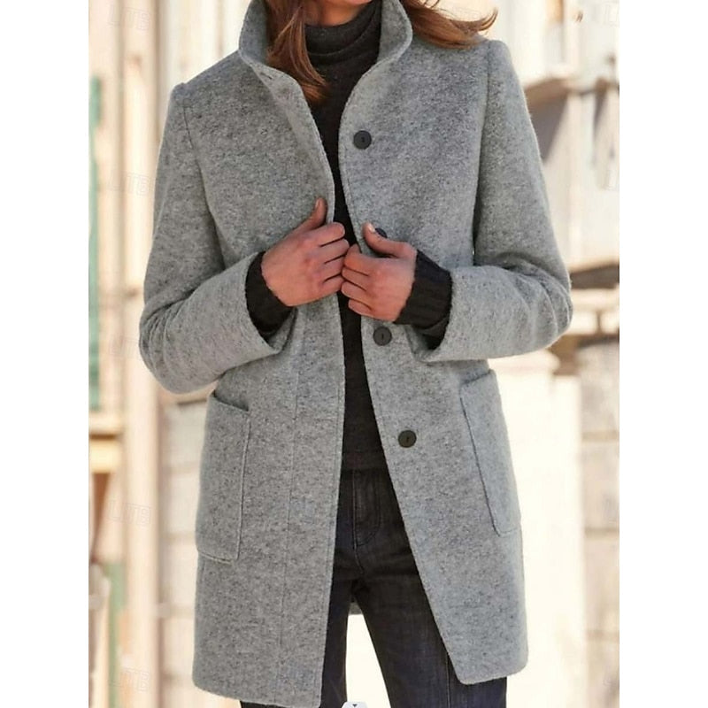 Gray Stand-Collar Tailored Winter Coat with Front Pockets