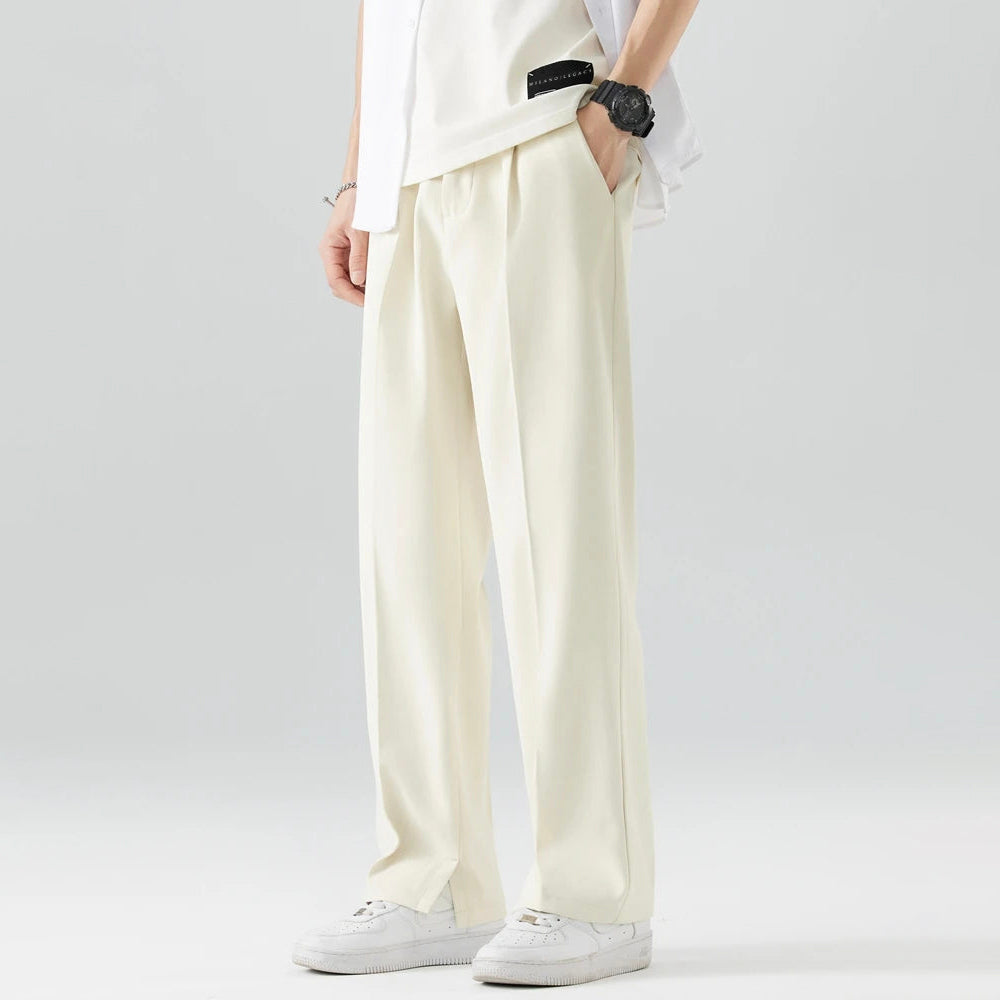 Men's khaki breathable wide leg pants with mid rise waist and button fly