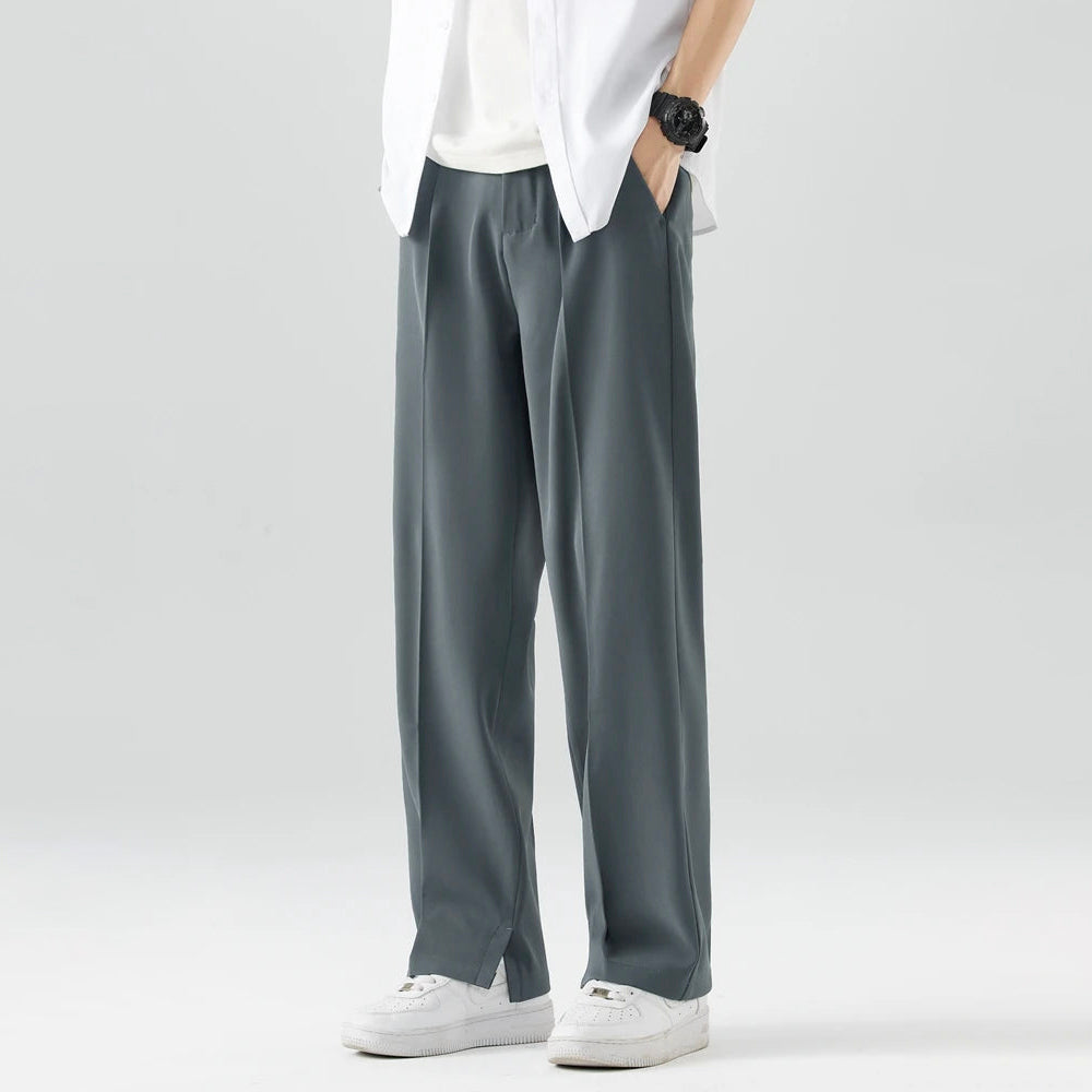 Men's khaki breathable wide leg pants with mid rise waist and button fly