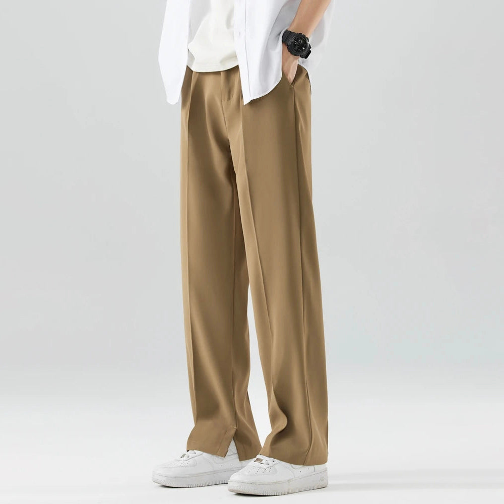Men's black breathable wide leg pants with mid rise waist and button fly