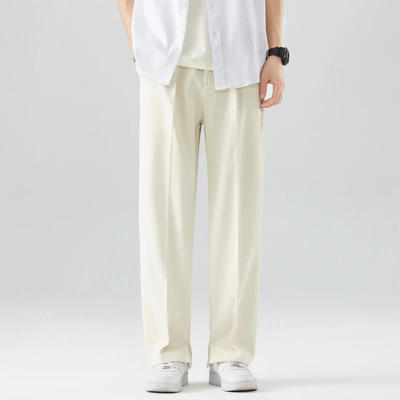 Men's black breathable wide leg pants with mid rise waist and button fly