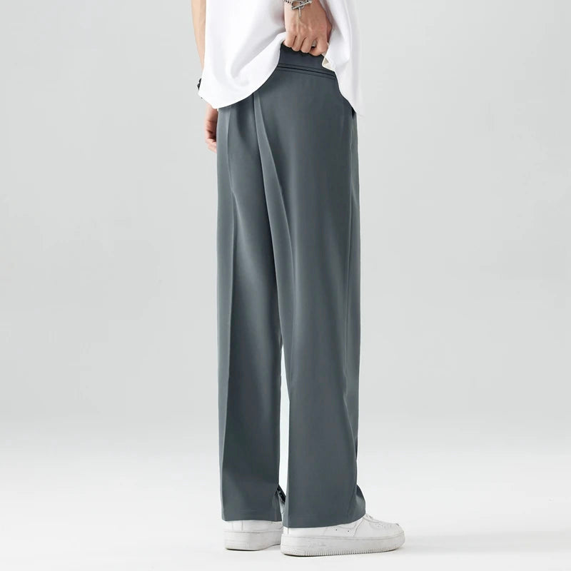 Men's black breathable wide leg pants with mid rise waist and button fly